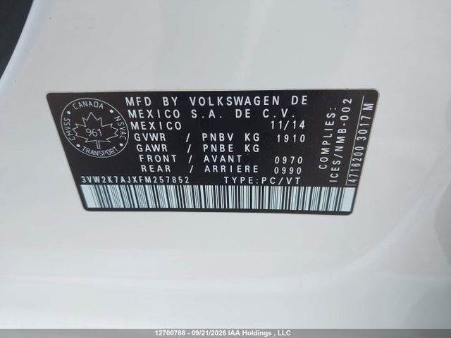 12700788 :رقم المزاد ، 3VW2K7AJXFM257852 vin ، 2015 Volkswagen Jetta 2.0l Trendline/2.0l Trendline+ مزاد بيع