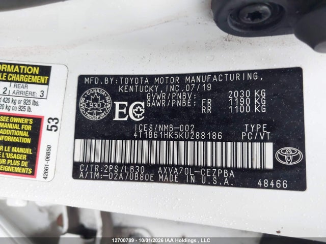 4T1B61HK5KU288186 Toyota CAMRY XSE