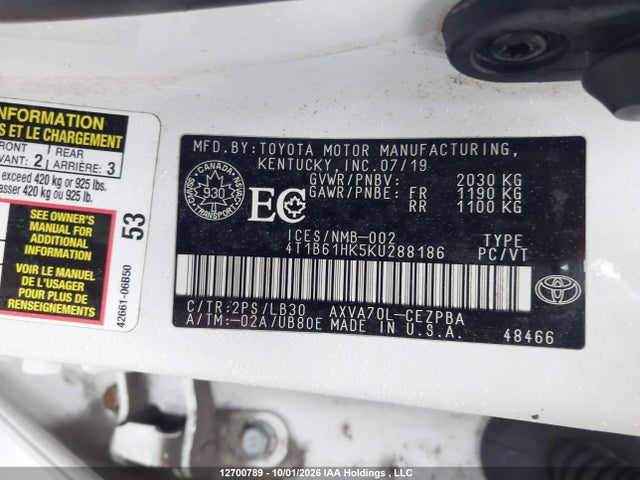 4T1B61HK5KU288186 Toyota CAMRY XSE