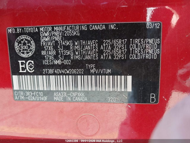 12693386 :رقم المزاد ، 2T3BF4DV4CW206202 vin ، 2012 Toyota Rav4 مزاد بيع