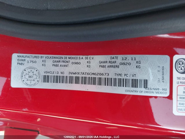 Продажа на аукционе авто 2012 Volkswagen Beetle 2.5l Comfortline/2.5l Highline, vin: 3VWHX7AT6CM620673, номер лота: 12692521