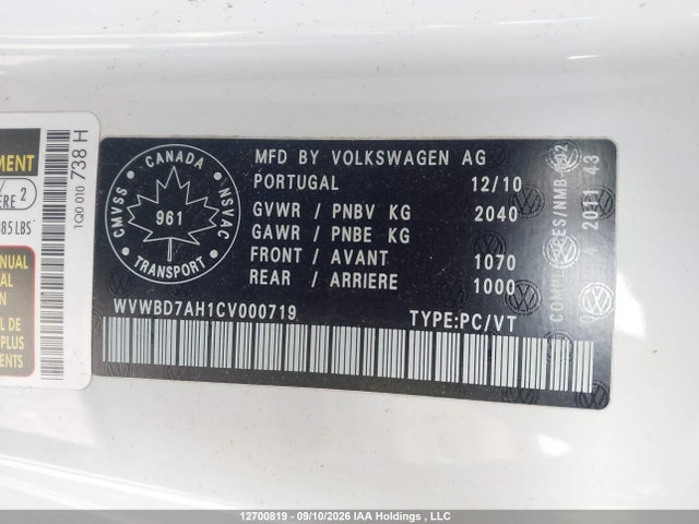 2012 Volkswagen Eos მანქანა იყიდება აუქციონზე, vin: WVWBD7AH1CV000719, აუქციონის ნომერი: 12700819