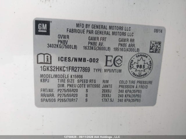 2015 Gmc Yukon Xl K1500 Slt მანქანა იყიდება აუქციონზე, vin: 1GKS2HKC1FR277869, აუქციონის ნომერი: 12700828