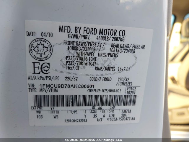 Aukcja sprzedaży 2010 Ford Escape Xlt, vin: 1FMCU9D78AKC86601, numer aukcji: 12700835
