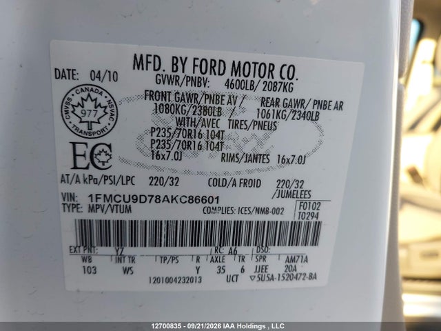 Aukcja sprzedaży 2010 Ford Escape Xlt, vin: 1FMCU9D78AKC86601, numer aukcji: 12700835