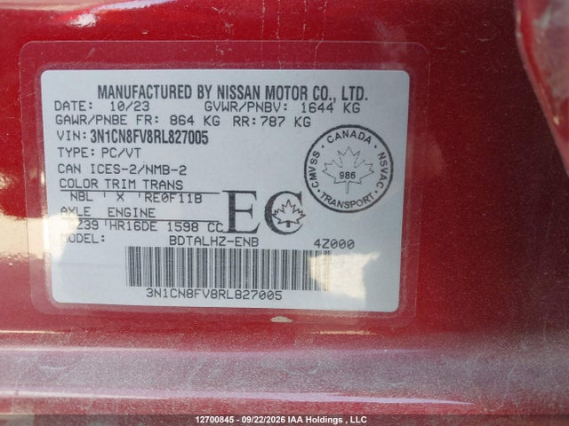 Продажа на аукционе авто 2024 Nissan Versa Sr, vin: 3N1CN8FV8RL827005, номер лота: 12700845