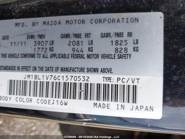 Aukcja sprzedaży 2012 Mazda Mazda3 Gs-sky, vin: JM1BL1V76C1570532, numer aukcji: 12700848