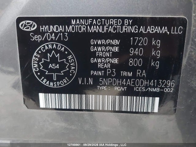 Продаж на аукціоні авто 2013 Hyundai Elantra Gls/limited, vin: 5NPDH4AE0DH413296, номер лоту: 12700861