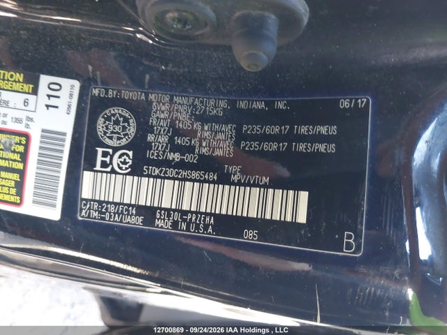 12700869 :رقم المزاد ، 5TDKZ3DC2HS865484 vin ، 2017 Toyota Sienna Le مزاد بيع
