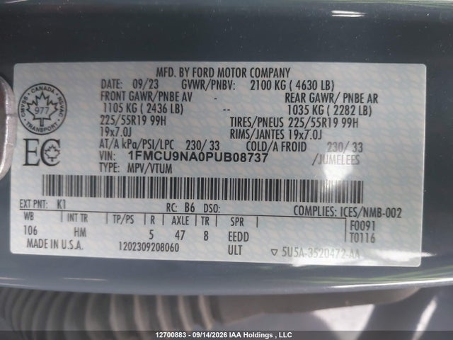 Aukcja sprzedaży 2023 Ford Escape St-line Select, vin: 1FMCU9NA0PUB08737, numer aukcji: 12700883