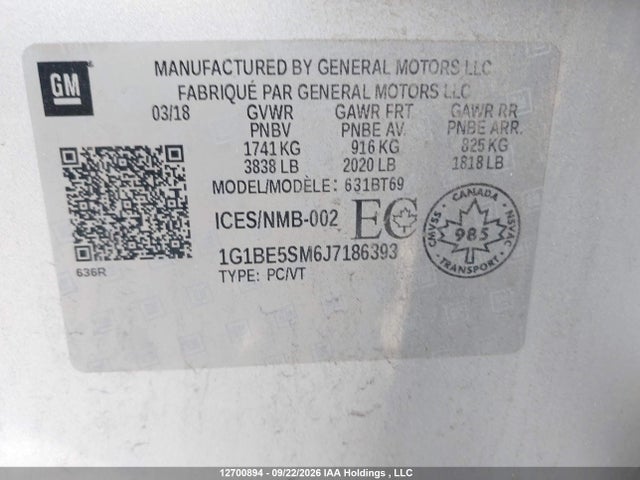 Продажа на аукционе авто 2018 Chevrolet Cruze Lt Auto, vin: 1G1BE5SM6J7186393, номер лота: 12700894