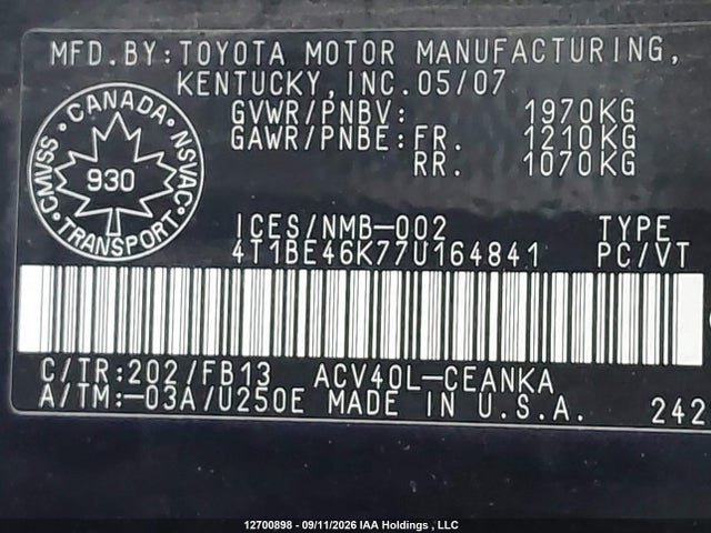 12700898 :رقم المزاد ، 4T1BE46K77U164841 vin ، 2007 Toyota Camry Ce/le/xle/se مزاد بيع