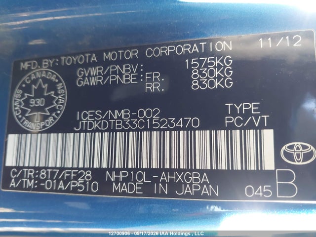 12700906 :رقم المزاد ، JTDKDTB33C1523470 vin ، 2012 Toyota Prius C مزاد بيع