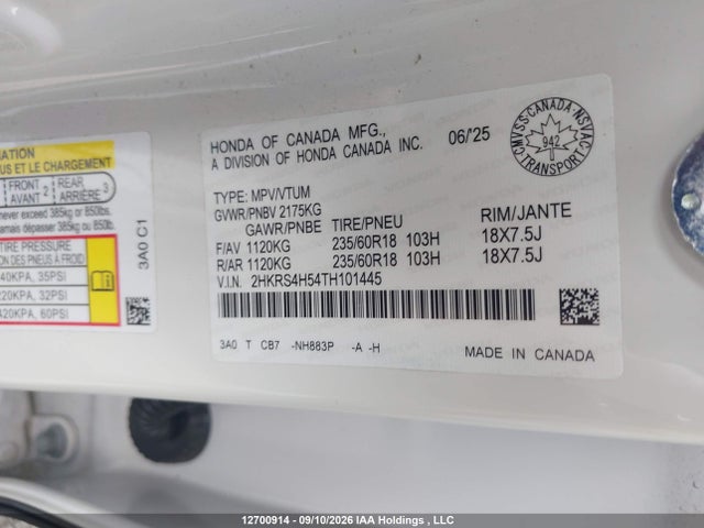 12700914 :رقم المزاد ، 2HKRS4H54TH101445 vin ، 2026 Honda Cr-v Sport مزاد بيع