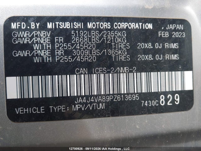 12700926 :رقم المزاد ، JA4J4VA89PZ613695 vin ، 2023 Mitsubishi Outlander Sel/sel Black Edition/sel Touring/sel Premium/40th Anniversary مزاد بيع