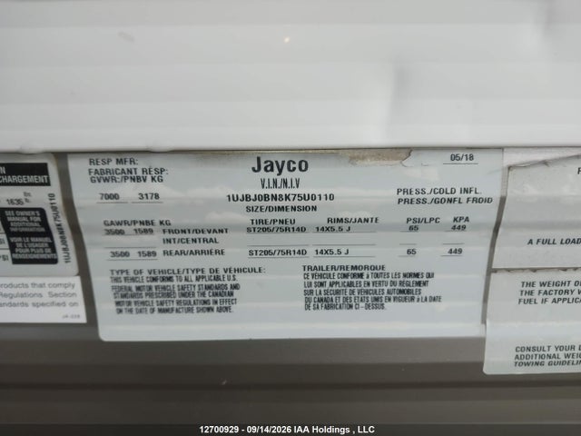 Продаж на аукціоні авто 2019 Jayco Jayco, vin: 1UJBJ0BN8K75U0110, номер лоту: 12700929