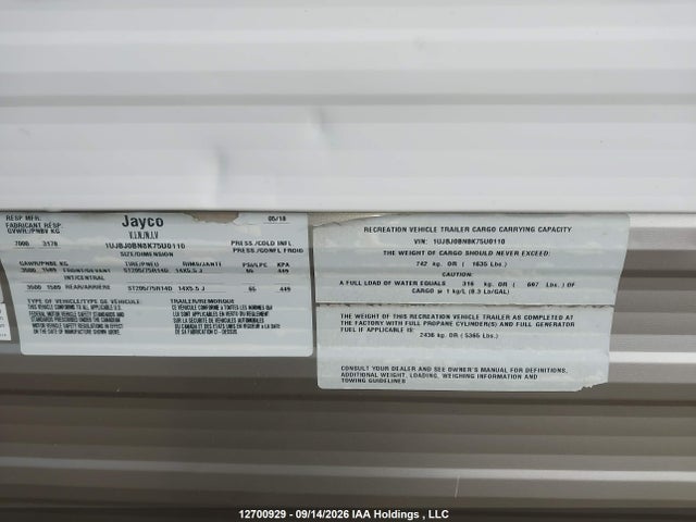Продаж на аукціоні авто 2019 Jayco Jayco, vin: 1UJBJ0BN8K75U0110, номер лоту: 12700929