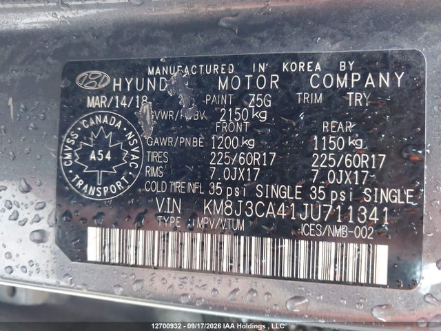 2018 Hyundai Tucson მანქანა იყიდება აუქციონზე, vin: KM8J3CA41JU711341, აუქციონის ნომერი: 12700932