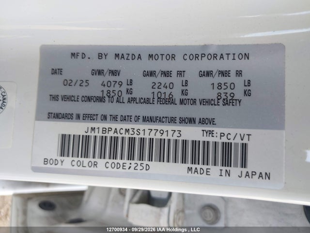 Продаж на аукціоні авто 2025 Mazda 3 Preferred, vin: JM1BPACM3S1779173, номер лоту: 12700934