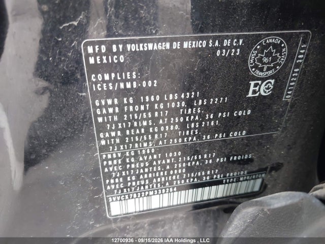 12700936 :رقم المزاد ، 3VVCX7B22PM339254 vin ، 2023 Volkswagen Taos مزاد بيع