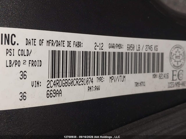 Aukcja sprzedaży 2012 Dodge Grand Caravan Se/sxt, vin: 2C4RDGBG0CR291074, numer aukcji: 12700938