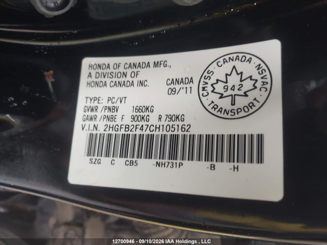 Aukcja sprzedaży 2012 Honda Civic Lx, vin: 2HGFB2F47CH105162, numer aukcji: 12700946