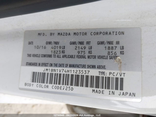 Продажа на аукционе авто 2017 Mazda Mazda3 Gs, vin: JM1BN1V74H1123537, номер лота: 12700949