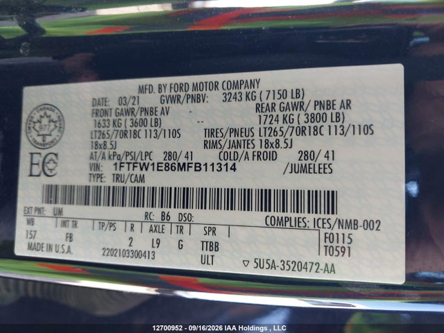 12700952 :رقم المزاد ، 1FTFW1E86MFB11314 vin ، 2021 Ford F150 Supercrew مزاد بيع