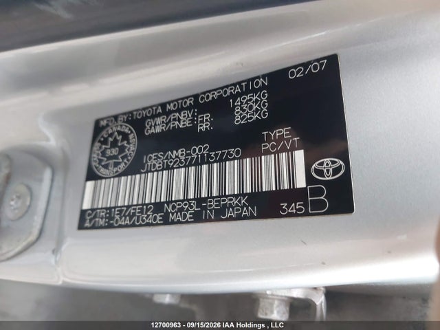 12700963 :رقم المزاد ، JTDBT923771137730 vin ، 2007 Toyota Yaris مزاد بيع
