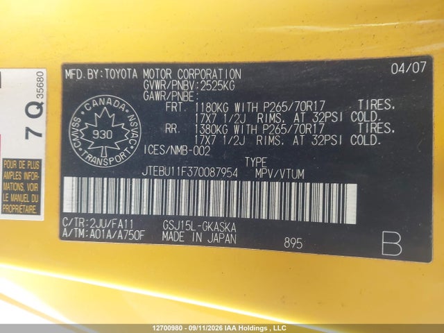 Продажа на аукционе авто 2007 Toyota Fj Cruiser, vin: JTEBU11F370087954, номер лота: 12700980
