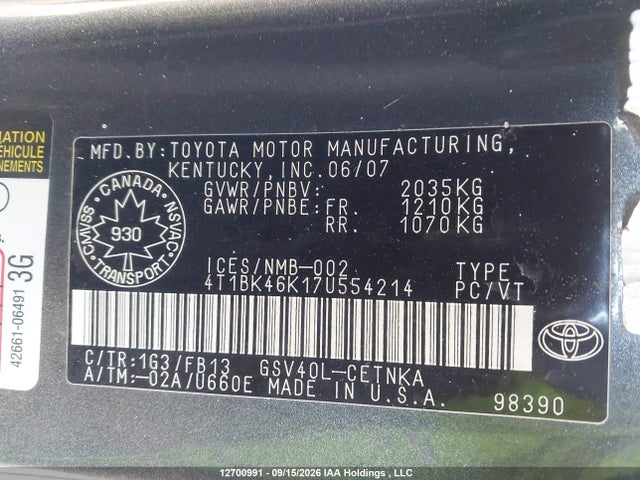 Продажа на аукционе авто 2007 Toyota Camry Le/xle/se, vin: 4T1BK46K17U554214, номер лота: 12700991