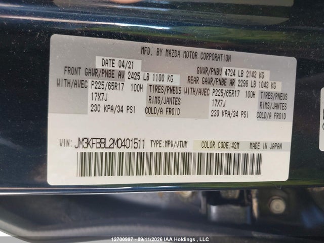 Aukcja sprzedaży 2021 Mazda Cx-5 Gx, vin: JM3KFBBL2M0401511, numer aukcji: 12700997