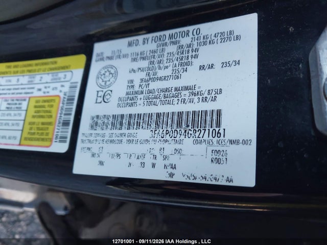 12701001 :رقم المزاد ، 3FA6P0D94GR271061 vin ، 2016 Ford Fusion Titanium مزاد بيع