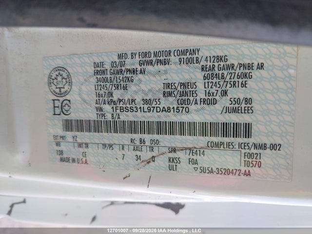 Aukcja sprzedaży 2007 Ford E-350 Super Duty Xl/xlt, vin: 1FBSS31L97DA81570, numer aukcji: 12701007