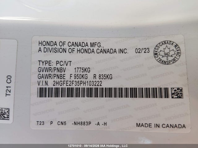 2HGFE2F35PH103222 Honda Civic Ex 4dr