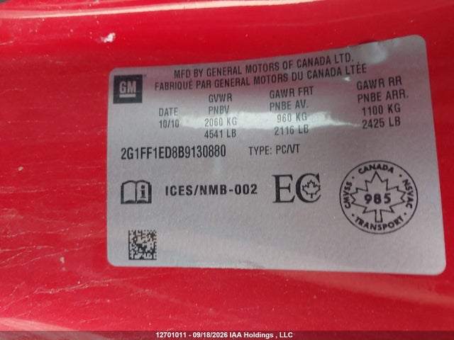 12701011 :رقم المزاد ، 2G1FF1ED8B9130880 vin ، 2011 Chevrolet Camaro Lt مزاد بيع