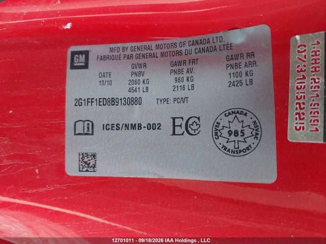12701011 :رقم المزاد ، 2G1FF1ED8B9130880 vin ، 2011 Chevrolet Camaro Lt مزاد بيع