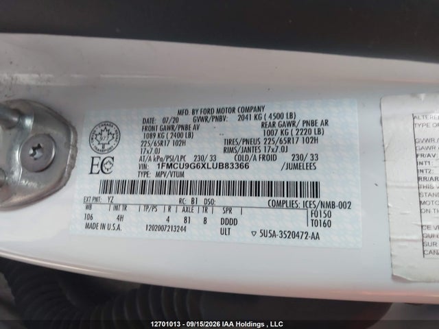 Ford ESCAPE SE 2020 1FMCU9G6XLUB83366 Image 9