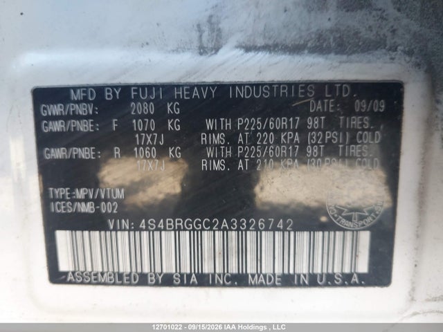 Продаж на аукціоні авто 2010 Subaru Outback Premium, vin: 4S4BRGGC2A3326742, номер лоту: 12701022