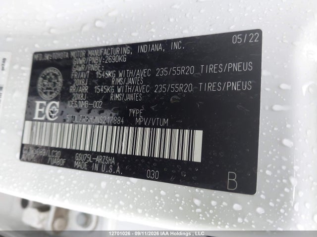 12701026 :رقم المزاد ، 5TDLZRBH9NS217884 vin ، 2022 Toyota Highlander Xse مزاد بيع