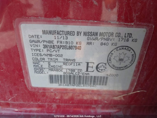 Продаж на аукціоні авто 2014 Nissan Sentra S/sv/sr/sl, vin: 3N1AB7AP2EL607940, номер лоту: 12701030