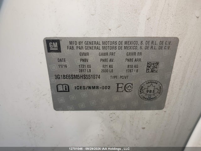 Chevrolet CRUZE LT 2017 3G1BE6SM5HS551874 Image 9