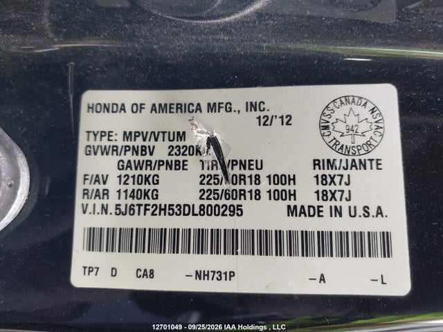 2013 Honda Crosstour Exl მანქანა იყიდება აუქციონზე, vin: 5J6TF2H53DL800295, აუქციონის ნომერი: 12701049