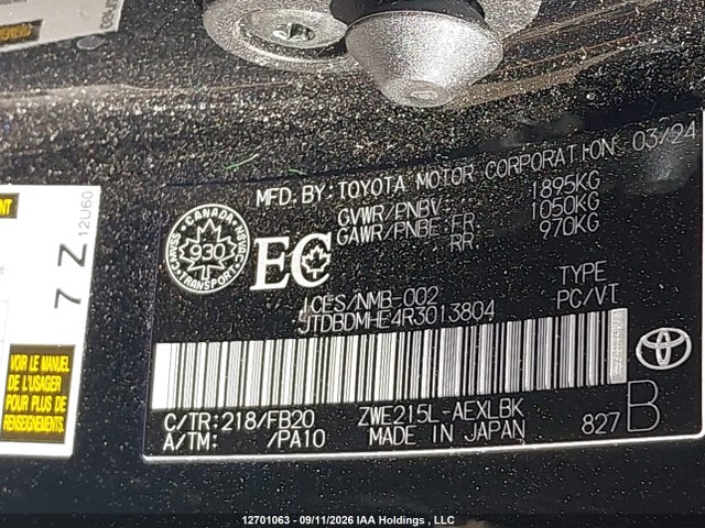 Aukcja sprzedaży 2024 Toyota Corolla Hybrid Le, vin: JTDBDMHE4R3013804, numer aukcji: 12701063