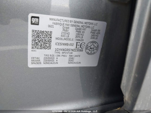 12701066 :رقم المزاد ، 1GYKNGRS7MZ230069 vin ، 2021 Cadillac Xt5 Sport مزاد بيع