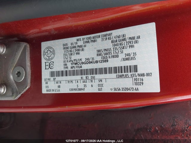 Ford ESCAPE SE 2019 1FMCU9GD9KUB12589 Image 9