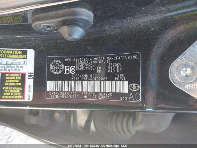 2T1BURHE4GC492887 Toyota Corolla S