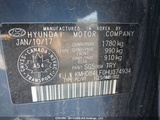 12701094 :رقم المزاد ، KMHD84LF0HU374934 vin ، 2017 Hyundai Elantra Gl مزاد بيع