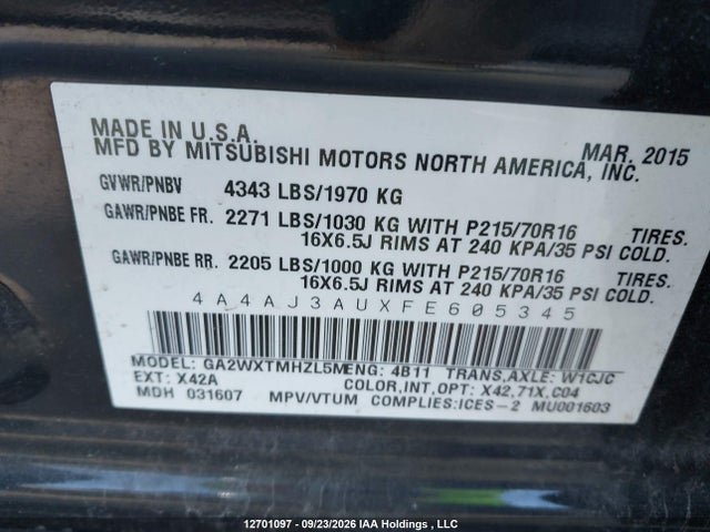 Продажа на аукционе авто 2015 Mitsubishi Rvr Se, vin: 4A4AJ3AUXFE605345, номер лота: 12701097