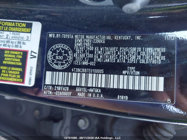 4T3BK3BB7EU100005 Toyota Venza Le/xle/limited